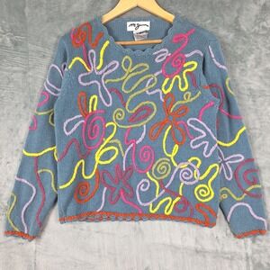 Vintage Womens Sweater Small Blue 3D Knit Abstract Artsy Colorful Indie Unique